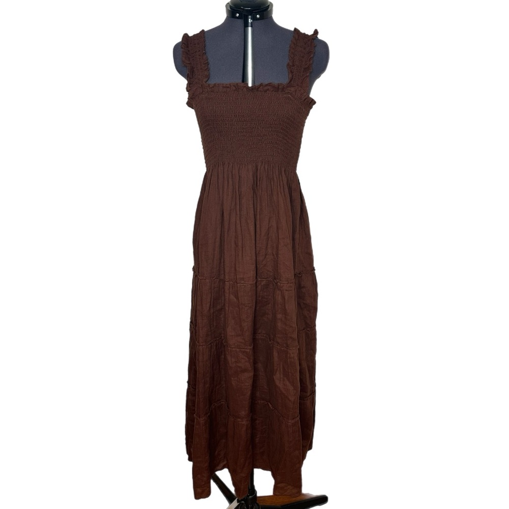 Quince Brown Smocked Tiered Midi Dress - Picture 2 of 8